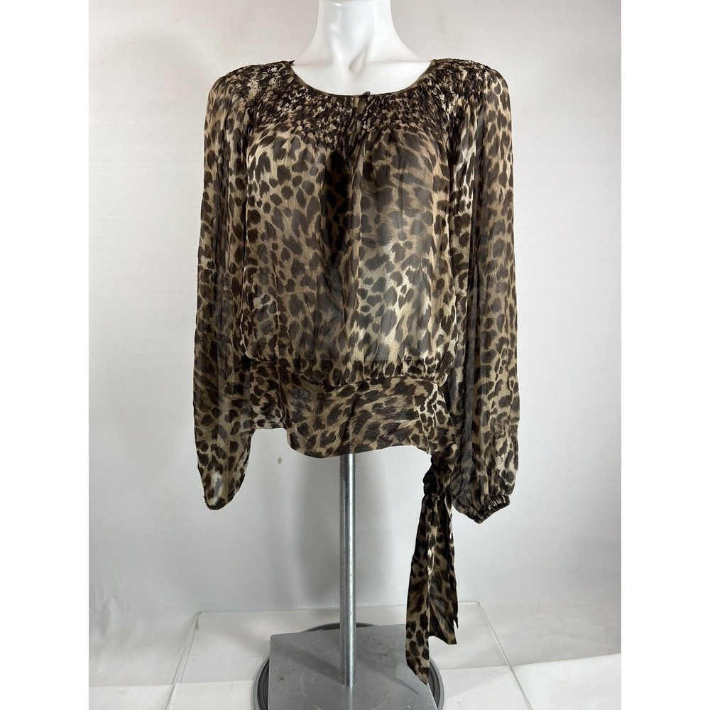 Michael Kors Womens Top Size M Sheer Leopard Print Cropped Side Tie Pullover